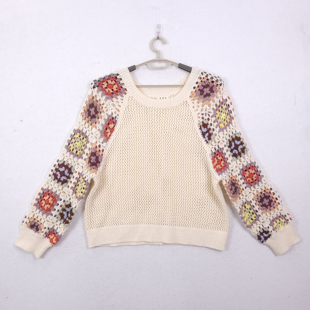 POL Sweater Sie M Crochet Granny Floral Square Patchwork Handmade Boho Oversized